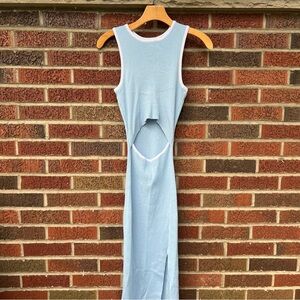Baby Blue and White Lined Cut Out Front Sleeveless Ribbed Maxi Dress